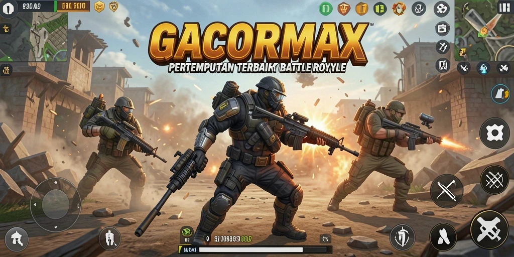 Screenshot GACORMAX menampilkan aksi pertempuran intens dalam mode Battle Royale.