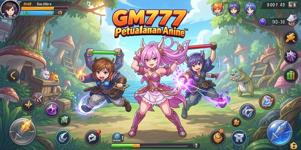 Screenshot GM777 menampilkan karakter anime dalam aksi seru.