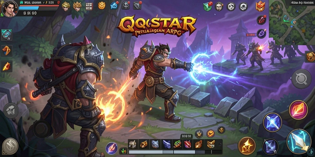 Screenshot menampilkan aksi seru di QQSTAR dengan pertarungan karakter ARPG.