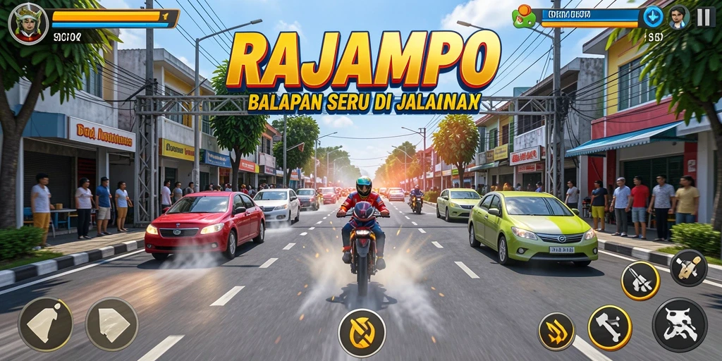 Screenshot utama RAJAMPO menampilkan aksi balap yang seru.
